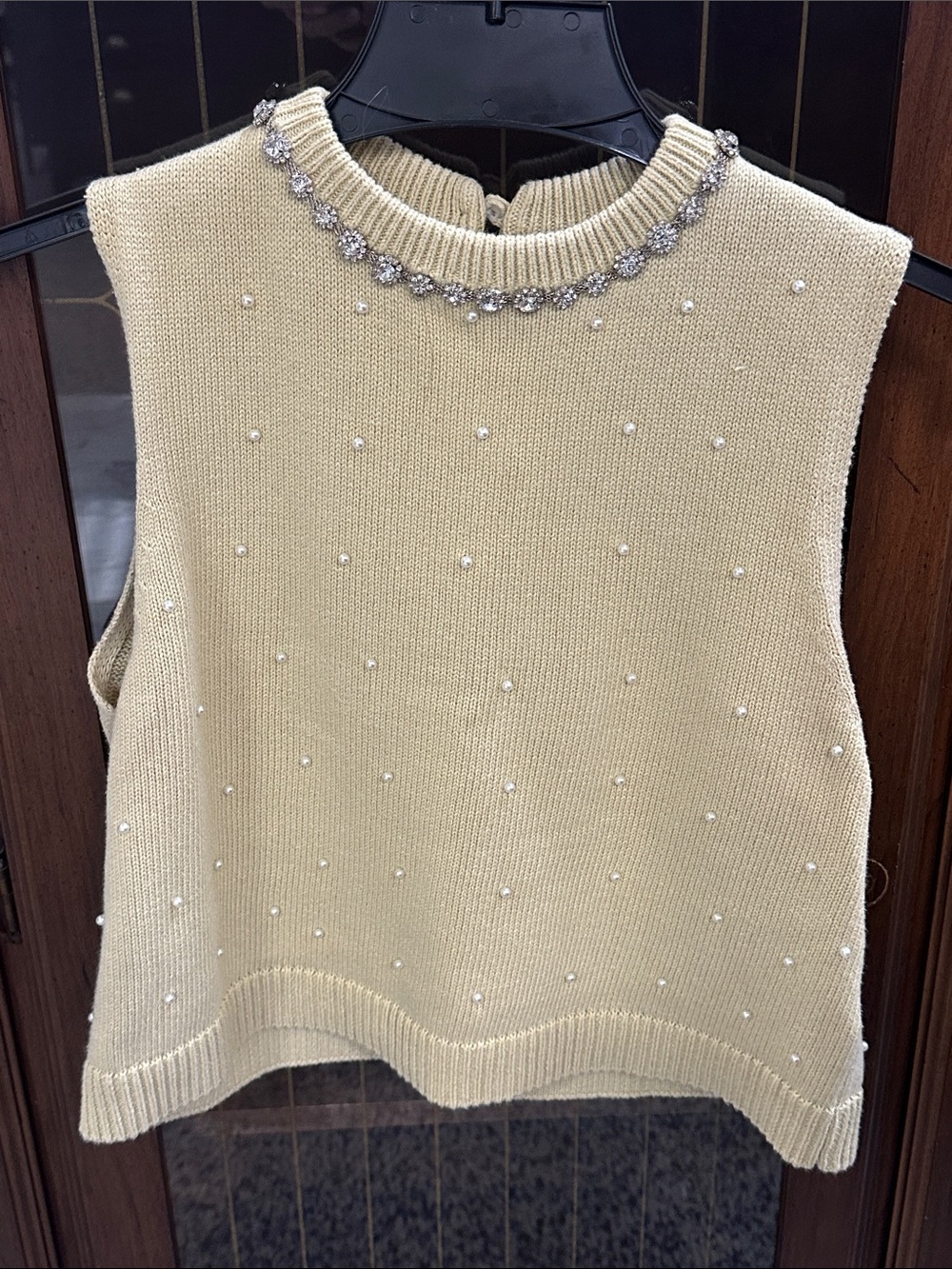 Zara Cream Pearl & Rhinestone Knit Sleeveless Top